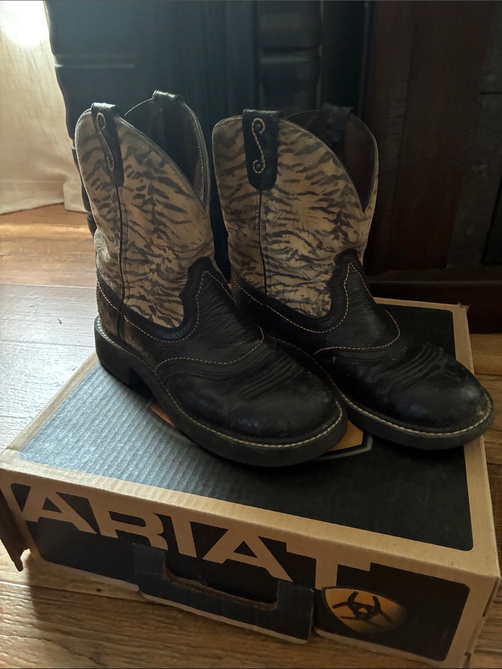Ariat Black Foot & Tan Zebra-Print Shaft Cowboy Boots